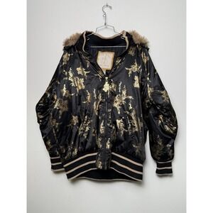 Baby Phat Puffer Womens 2X Black Gold Floral Print Bomber Jacket Hooded Fur Trim